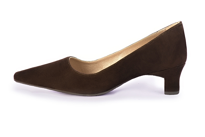 Dark brown women's dress pumps,with a square neckline. Tapered toe. Low kitten heels. Profile view - Florence KOOIJMAN